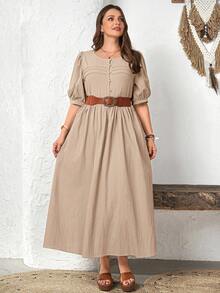 EMERY ROSE Plus Size Women's Casual Round Neck Short Sleeve Long Dress, Beige Flowy Boho Beach Holiday Outfits,Spring/Summer Sommar Vacation Dress - Apricot - View 7