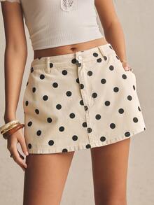 Poéselle Falda pantalón de mezclilla casual con bolsillo y estampado de lunares para mujer - Blanco y Negro - Ver 4