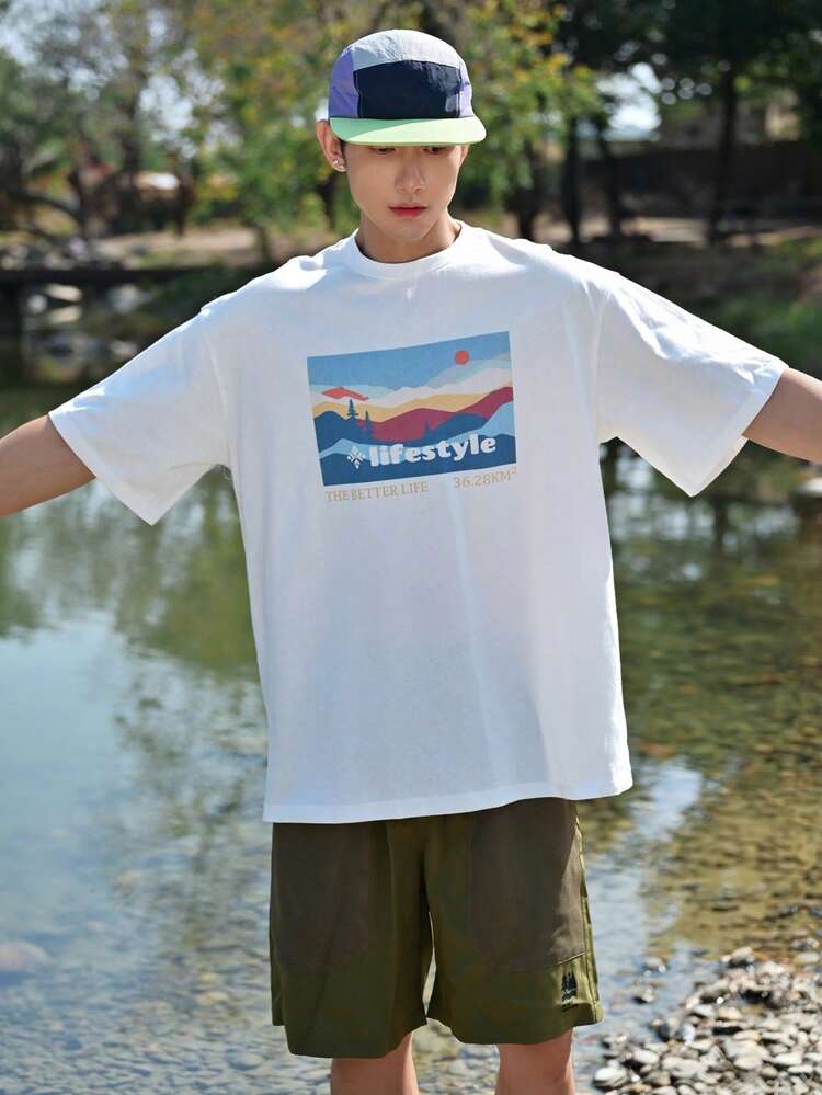 Men's Letter Print White Short Sleeve Crew Neck T-Shirt, Summer