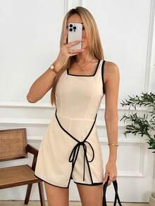 Easowa Women's Colorblock Trim Square Neck Sleeveless Jumpsuits,Elegant Sexy Black And White Checkered Summer Minimalist Design Resort Wear Vacation Outfit - Black and White - View 3
