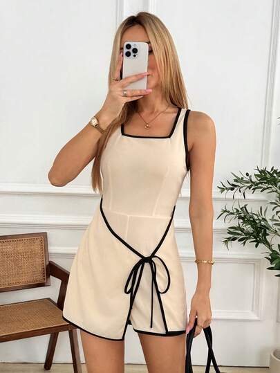 Easowa Women's Colorblock Trim Square Neck Sleeveless Minimalist Design Jumpsuits, Casual Clothes