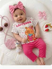 SHEIN 2pcs/Set Toddler Newborn Casual, Simple, And Versatile All-Over Print Crew Neck T-Shirt And Trousers Set Is Perfect For Spring And Summer. Casual Comfortable Daily Wear (2 Random Sets Out Of 5 Sets) - Pink - View 8