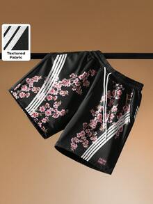 ROMWE MEN Men's Elastic Waist Drawstring Floral Pattern Casual Shorts, Summer - Multicolor - View 2