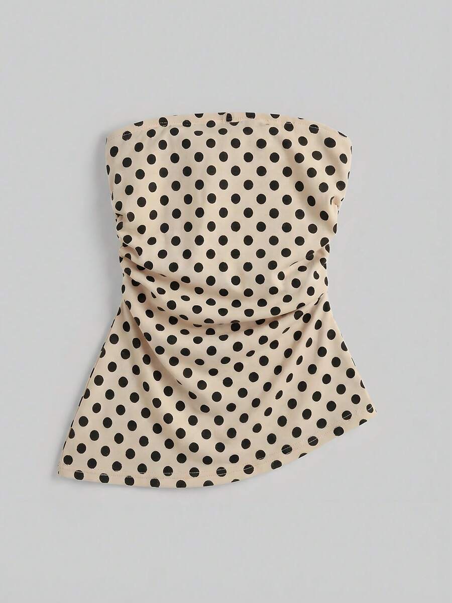 Comfortcana 女士休闲简约紧身抹胸上衣，不对称下摆，波点图案，夏季穿搭 - 彩色 - 查看 1