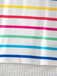 SHEIN Young Girl White Summer Rainbow Striped Polo Collar Knit Dress,Matching Princess 7th Birthday Outfit,Family Vacation Pride Month Casual Beach Wear - Multicolor - View 10