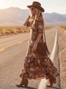 LanaWest 女士波西米亚风印花中袖连衣裙，女士波西米亚流苏荷叶边短袖系领宽松长款印花衬衫，佩斯利格纹女士长裙，春秋季休闲长裙 - 棕色 - 查看 5