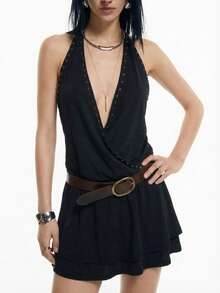 Airlisse Women's New V-Neck Sleeveless Metal Rivet Decor Sexy Mini Dress, Spring/Summer Golf Pastal - Black - View 3