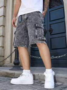 Manfinity EMRG Celana Pendek Denim Longgar Kasual Pria, Pakaian Musim Panas Serbaguna - Light Grey - View 6