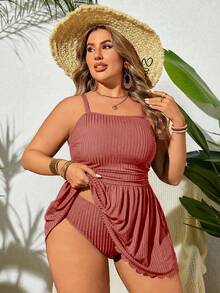Swim Lushoire Plus Size Women's Solid Color Ruched Camisole Top And Triangle Bottoms Bikini Swimsuit Set - Coral Pink - View 3