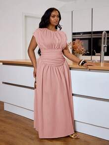 Veslaya 2026春夏大码女装音乐节、复活节、西部风情、游牧风、生日派对、毕业典礼、学校、教堂、日常穿着、休闲、度假、邮轮、海滩、日光浴、街头风、婚礼宾客、通勤、早午餐、机场、派对、假日郊游、优雅宴会、舞会、休闲、高端优雅纯白色纹理V领褶皱荷叶边连衣裙 - 粉色 - 查看 3