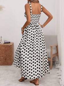 A-Line Midi Dress With Pleated Back, Fitted Waist, Wide Straps And U-Neck, With Back Adjustment, In A Romantic Style Of Large Polka Dots, Elegant Retro French Minimalist, Suitable For Office, Travel, Business, Casual, Beach, Resort, Spring/Summer - 黑白 - 查看 2