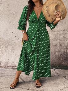 Breezaya Vestido casual maxi con botones delanteros, estampado floral y de lunares para tallas grandes - Verde - Ver 5