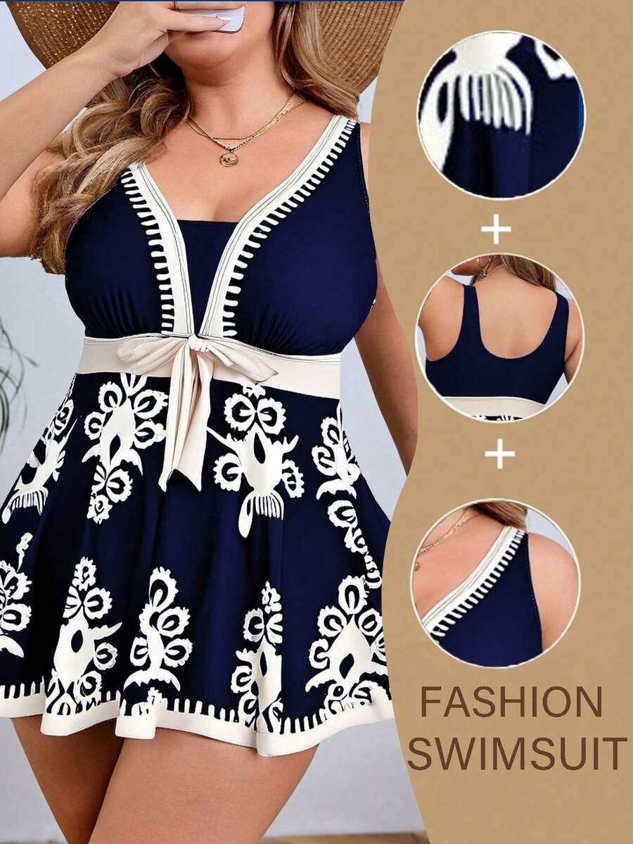 SHEIN Swim Curve Đầm bơi không tay họa tiết khối màu cỡ lớn - Nhiều màu - Xem 1