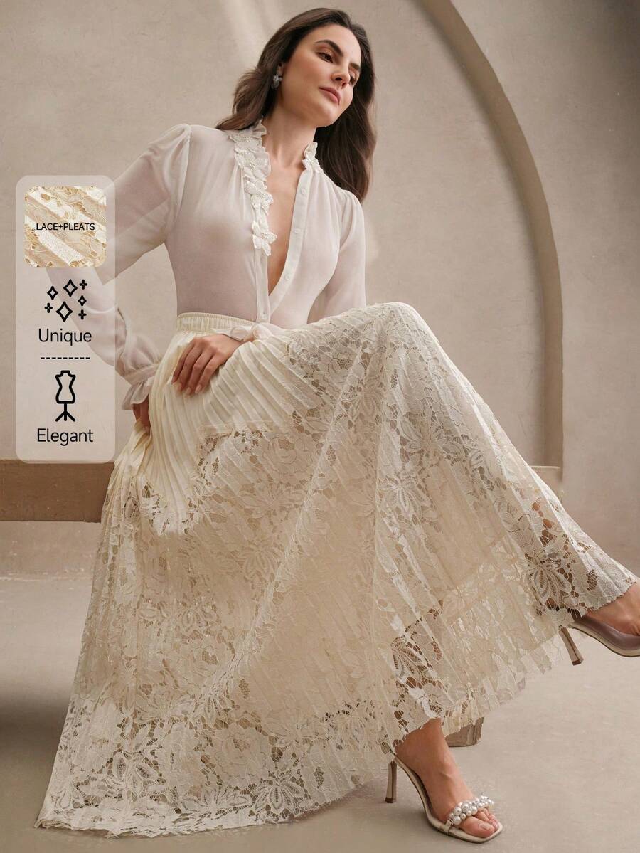 Anewsta Chân váy xếp ly thiết kế phối ren mới dành cho nữ - Màu be - Xem 1