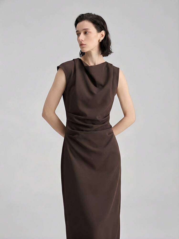 Women's Festival Beach Holiday Country Style Country Music Concert 2026 New Spring/Summer Brown Woven Fabric Fitted Sleeveless Pleated Dress, Valentine's Day Wedding Season Minimalist Fashion Commute