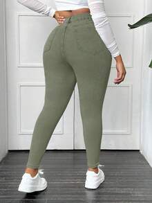 Slaydiva Plus Size Solid Color Minimalist Everyday Jeans Going Out Olive Green Summer - Army Green - View 2