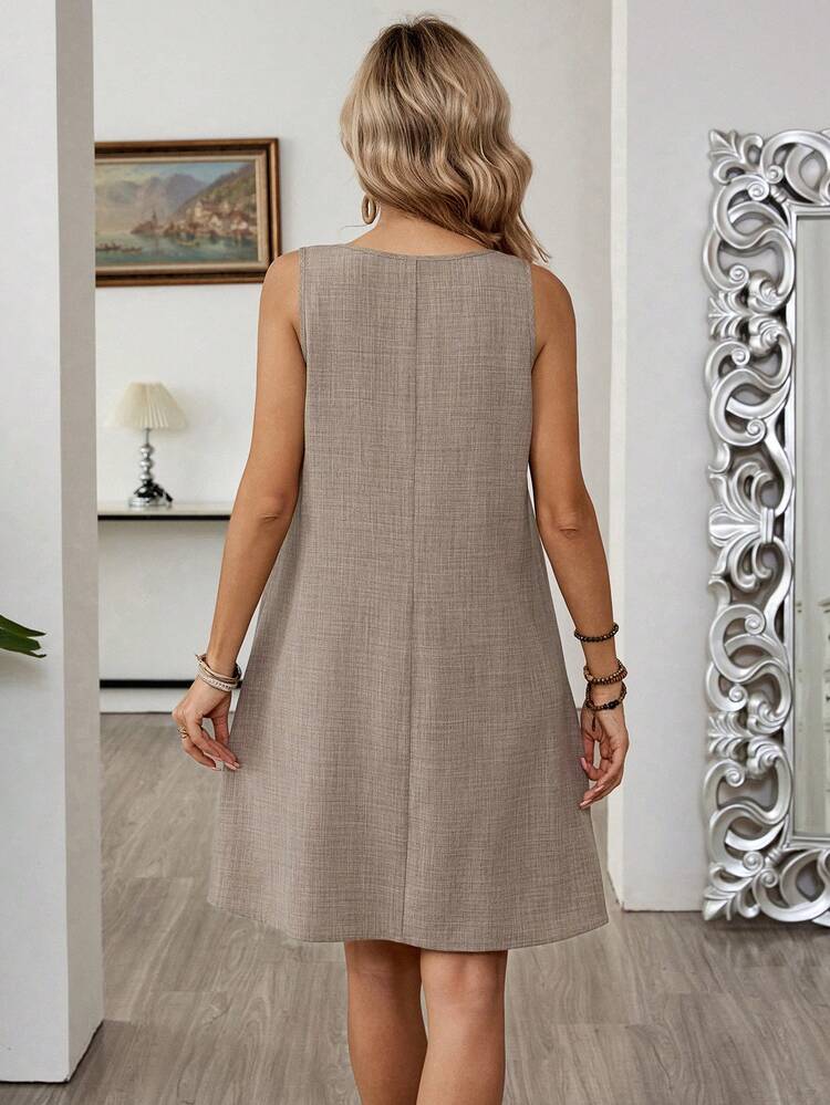 Women's Simple Solid Color Round Neck Pleated Sleeveless Short Dress, Summer Summer Dresses For Women Summer Outfits For Women Casual Dresses For Women Casual Women's Dresses Country Dress