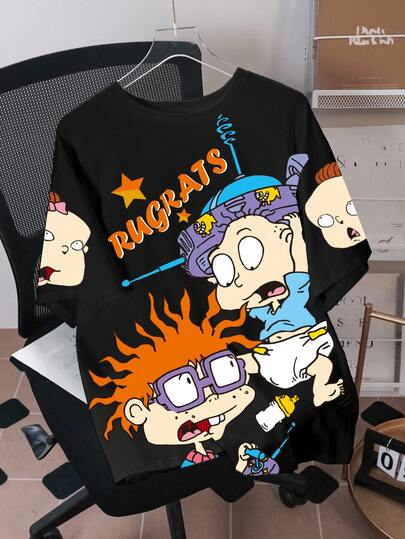 Nick 90s | SHEIN Men's Casual Letter & Cartoon Graphic Round Neck Short Sleeve T-Shirt, Summer