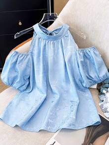 GlowEve CURVE Women's Plus Size Sky Blue Rose Print Cold-Shoulder Halter Top,Elegant Summer Puff Sleeve Loose Blouse,Sweet Tea Party Short Sleeve Yisikado Clothing - Blue - View 6