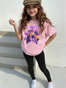 2 Stücke/Set Kleine Mädchen lässiger modischer kreativer erfrischender minimalistischer süßer virtueller Idol bunter karierter Pentagramm Stern grafischer Buchstaben-Muster Kurz-T-Shirt und Leggings Outfit, bequeme Alltagskleidung, geeignet für Frühling, Sommer und Herbst - Verschiedenfarbig - Übersicht 7