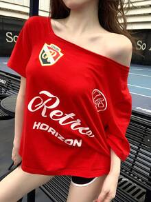 DAZY 女士不对称露肩印花T恤 - 紅色 - 查看 5