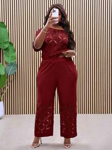 Slaydiva Bộ đồ hai mảnh cỡ lớn, hở vai, thêu hoa, chất liệu nhẹ, thích hợp cho kỳ nghỉ thanh lịch. - Màu Đỏ Sâu - Xem 4