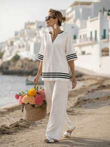 SHEIN Holidaya 女士度假衬衫，V领宽松款，七分袖，女士度假套装，女士假日套装，度假，度假上衣，假日服装，女士休闲衬衫，夏季衬衫，沙滩，沙滩衬衫，沙滩套装，女士沙滩装，新款夏季女士度假上衣 - 黑與白 - 查看 5