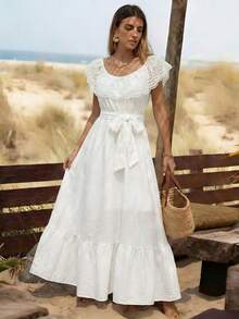 GlowEve Women's Fashion Off Shoulder Ruffle Solid White Wedding Party Date Night Waist Tie Bow Vacation Daily Beach Travel Ruffle Hem A-Line Maxi Dress, Spring/Summer - White - View 5