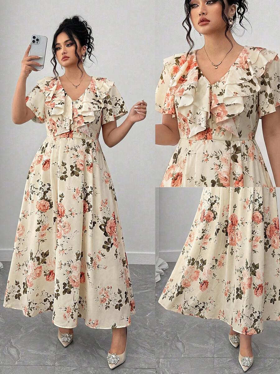 Elenzga Vestido de lunares con volantes y estampado floral de cuello en V talla grande, estilo de vacaciones, estilo maduro, estilo campestre - Multicolor - Ver 1