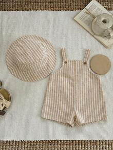 SHEIN Bộ quần yếm và mũ tai bèo kẻ sọc mùa hè cho bé trai/bé gái, trang phục thường ngày thoải mái ở nhà, đi chơi, đi biển. - Nhiều màu - Xem 3