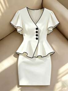 Franclia 黑白撞色拼接V领荷叶边下摆两件式连衣裙，女士优雅连衣裙，女士度假装，女士正式礼服，白色连衣裙，户外装，正式礼服，两件式连衣裙，撞色拼接 - 白色 - 查看 5