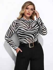 Maija Plus Size Women Zebra Striped Turtleneck Long Sleeve Mesh Top, Spring To Summer Spring Valentine's Day Party Beach Wedding Vacation Casual Women Party Top Beach Summer Holiday Beach Vacation Summer Going Out Graduation Easter Festival Dresses Beach Summer Holiday Beach Vacation Summer Going Out Graduation  Casual Holiday Beach Cruise Travel  Romantic, Fashion, Versatile; Suitable For Summer Vacation, Comfortable, Bohemian Style, Beach Wear, Simple Daily Wear, Country Style, Essential, Solid Color, Holiday Casual, Decent, Single Lady,Y2k - Black and White - View 1