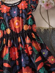 Sparklyn 女童印花花卉图案短袖收腰连衣裙 - 黑色 - 查看 6