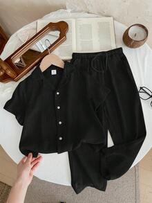 SHEIN LMoss Kids 两件套男婴休闲简约杏色短袖衬衫（带领）和松紧腰裤套装，适合生日派对、晚宴、演出、婚礼、满月庆祝、洗礼和一周岁宝宝派对等场合。 - 黑色 - 查看 5