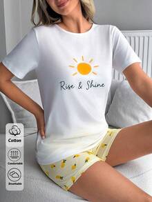 SHEIN Mediterranean Chic: 'Rise & Shine' Sun Graphic Tee & Allover Lemon Print Short Pajama Set - Yellow - View 8
