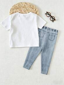 Denim-Look Cartoon Face & Handpainted Graphic Loose T-Shirt And Leggings Set,Soft Comfortable Summer Back-To-School Fashion Outfit For Girls,School - Multicolor - View 2