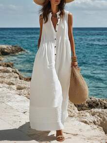 Breezaya 女士休闲白色立领半开襟纽扣无袖连衣裙，适合海滩度假 - 白色 - 查看 1
