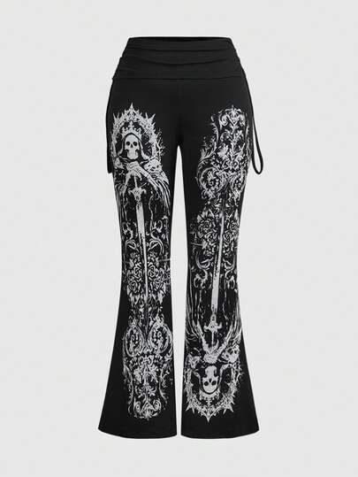 ROMWE Goth Pantalones acampanados de uso diario versátil y casual con estampado de calavera para mujer de talla grande