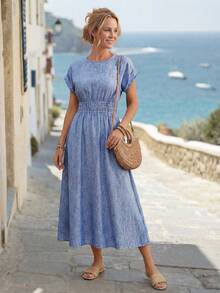 EMERY ROSE 女士牛仔印花圆领蝙蝠袖短袖休闲长裙 - 藏蓝色 - 查看 5