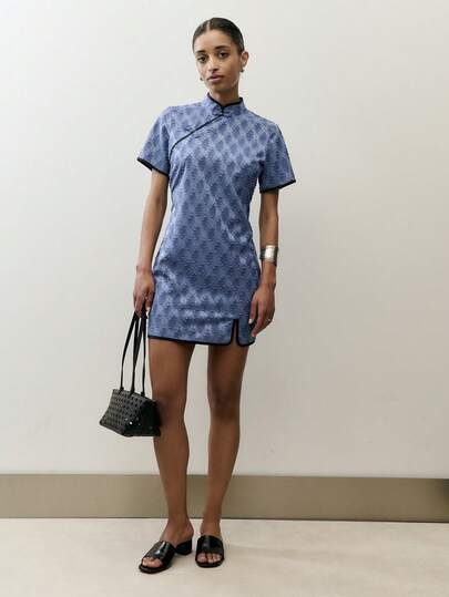 Nöista Chinese Style Mini Dress In Blue Jacquard Fabric, Asian Style Buttons In Blue Color And Piping In Contrast Color. Summer, Spring, Holiday, Festival, Vaccay Look.