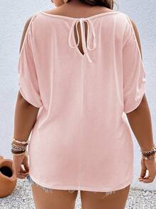 Plus Size Women Solid Color Off Shoulder Short Sleeve Casual T-Shirt - Baby Pink - View 2