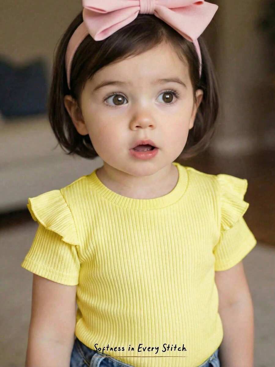 Cozy Pixies Baby Girl Solid Color Soft Knit Round Neck Ruffle Trim Short Sleeve Pullover Top - Mustard Yellow - View 1