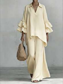 Breezaya Bộ đồ nữ thường ngày gồm áo sơ mi và quần ống rộng chất liệu cotton giả lanh. - Màu be - Xem 6