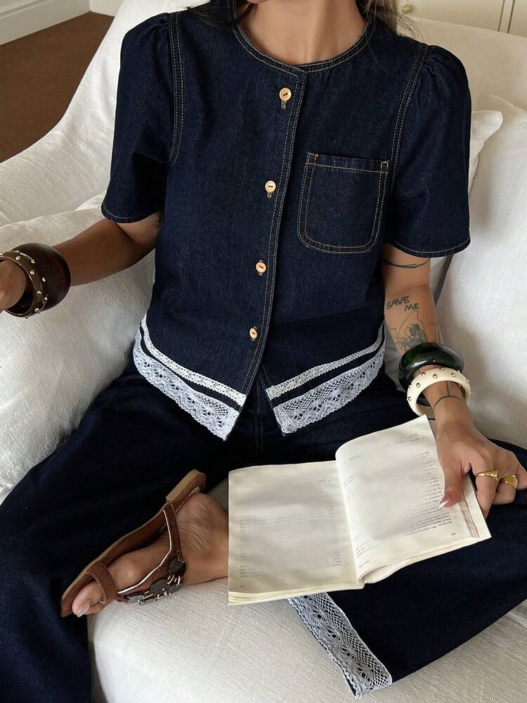 Women's Casual Vacation Style Loose Short Sleeve Shirt And Long Straight Leg Jeans Set, Spring/Summer