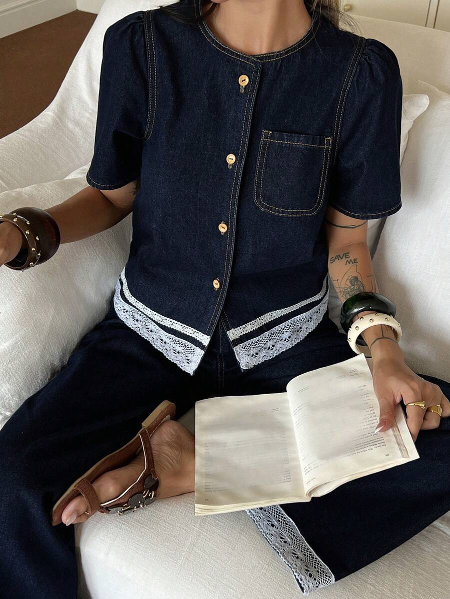 DAZY Bộ đồ nữ phong cách thường ngày đi nghỉ mát, gồm áo tay ngắn rộng rãi và quần jeans ống đứng dài, thích hợp cho mùa xuân/hè. - Rửa tối - Xem 1