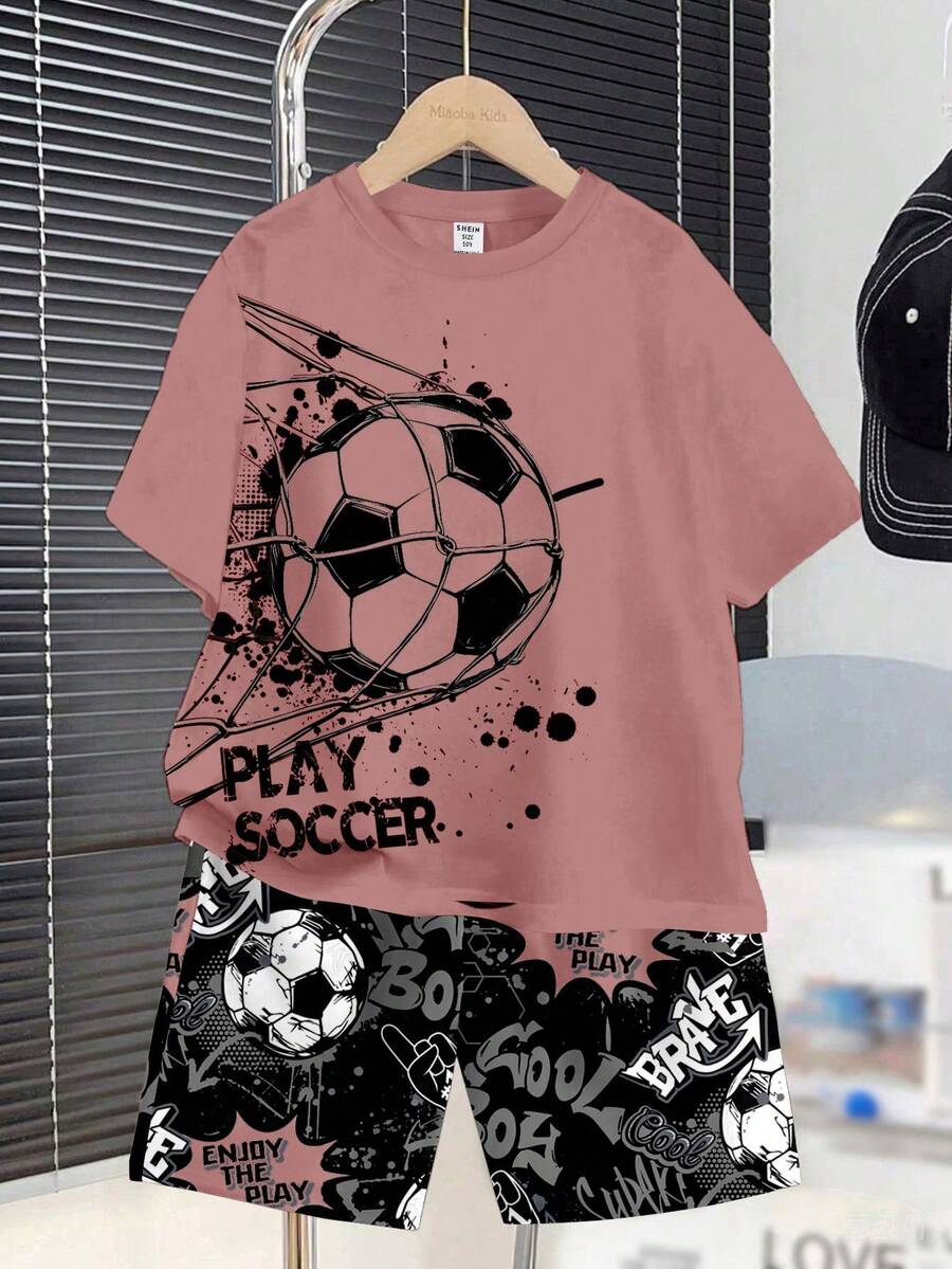 Piyama 2 Potong Motif Sepak Bola Kasual untuk Anak Laki-Laki Remaja, Kaos Lengan Pendek dan Celana Pendek, Longgar & Nyaman untuk Musim Panas - MultiWarna - View 1