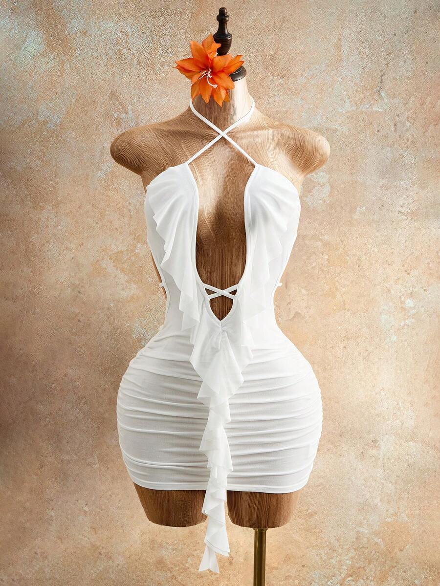 Mistrie Women's Short Hollow Tie-Up Neck Ruffle Hem Dress - White - View 1