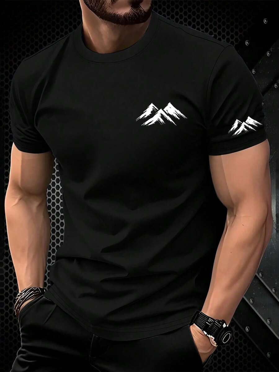 NEOREFINED 男士户外登山极简主义图案短袖T恤 - 黑色 - 查看 1