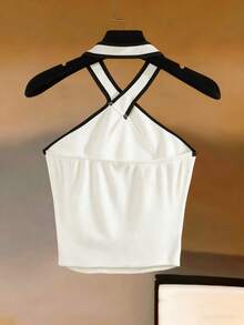 Franclia Women White Halter-Neck Top With Black Trim. Beachwear, Suitable For Autumn Winter Wear, Office Casual Wear, Versatile,Christmas,New Year, Versatile And Stylish Everyday Casual Wear, Urban Teacher's Professional Attire - Black and White - View 2