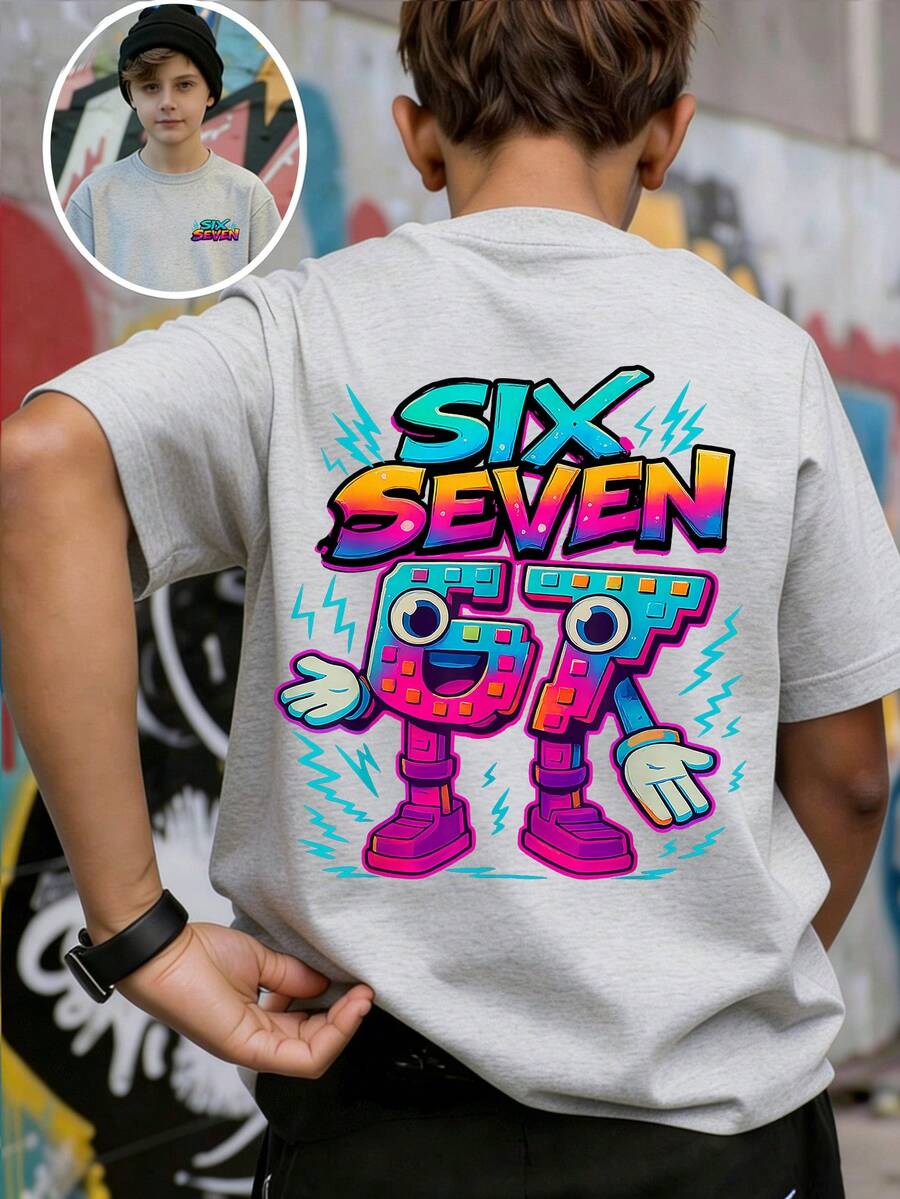SHEIN Streecool Kids 春夏休闲时尚创意个性清新简约数字67卡通闪电标语印花舒适基础款短袖T恤,温暖的夏秋款式,适合春、夏、秋季穿着,男童款 - 灰色 - 查看 1